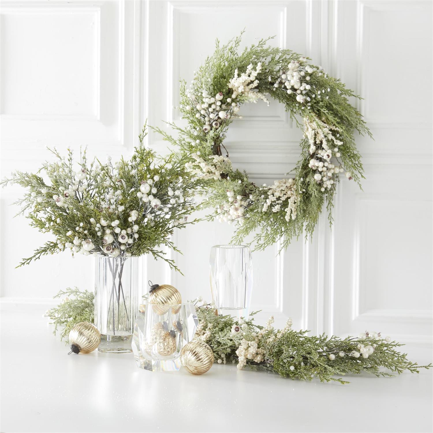 Snowy Cypress Pine Garland w/Pearls  K&K   