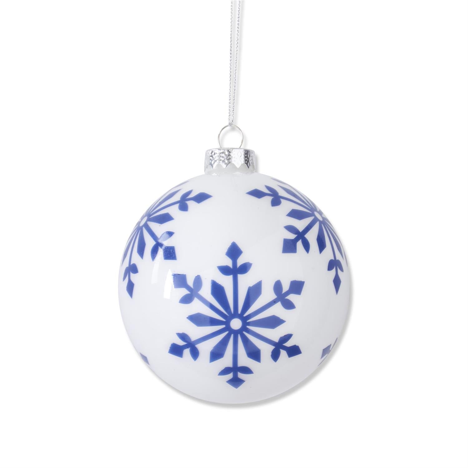 White w/Blue Snowflakes Glass Ornament  K&K B.  