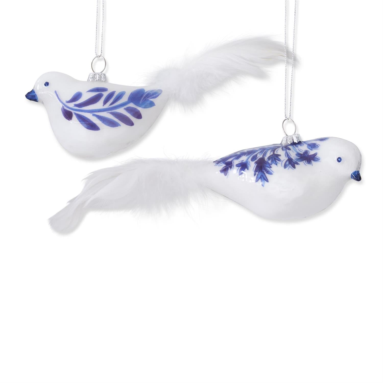 White & Blue Glass Bird Ornament w/ Feather Tails  K&K   