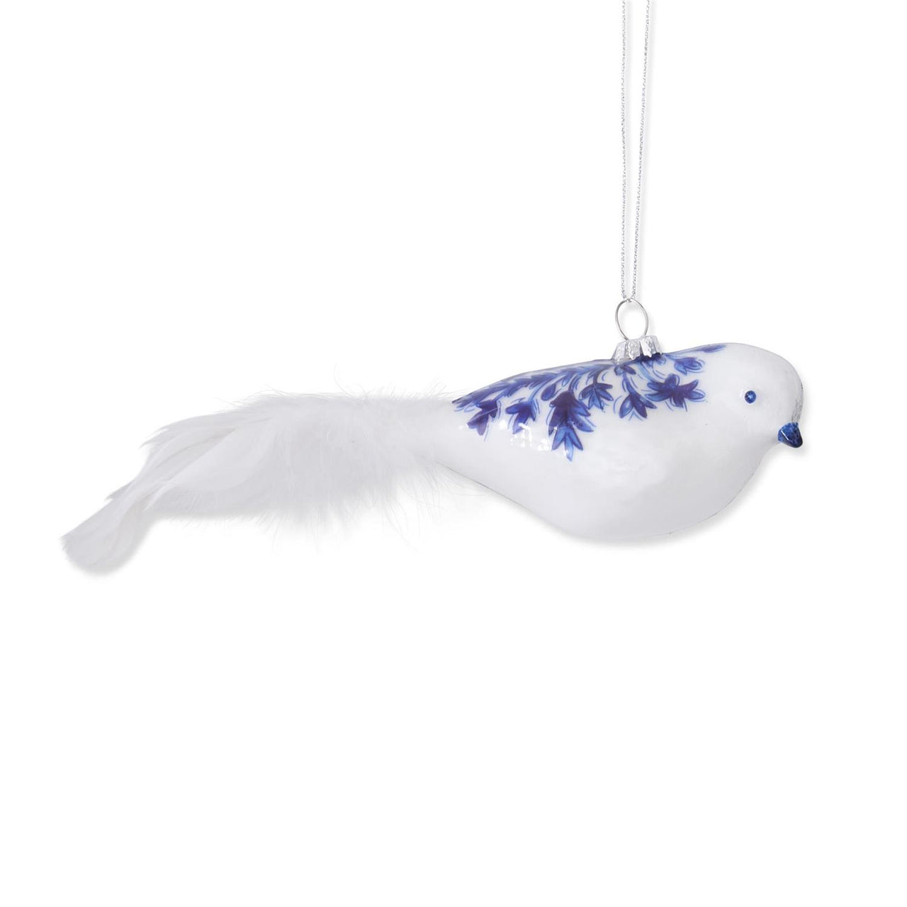 White & Blue Glass Bird Ornament w/ Feather Tails  K&K A.  