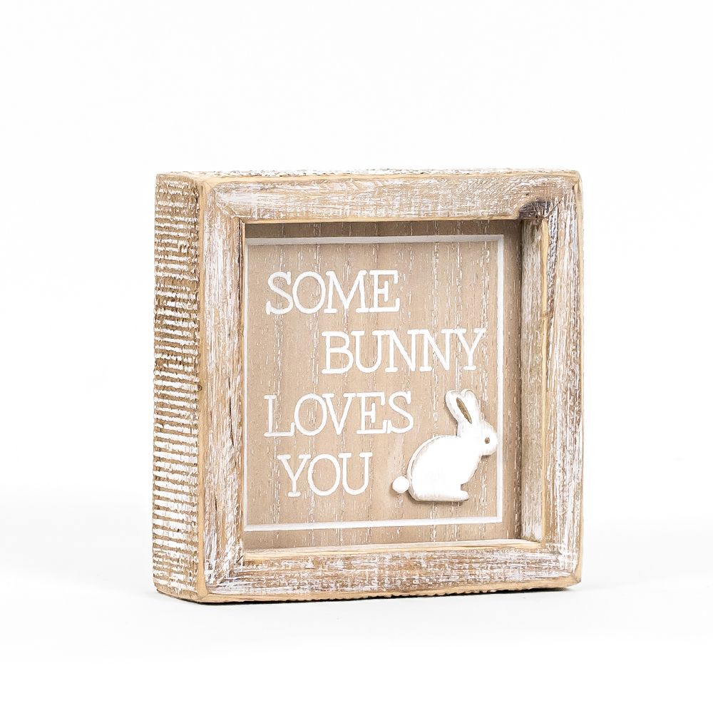 Reversible Wood Framed Sign (BUNNY/LOVES) Natural, White +  Badams   