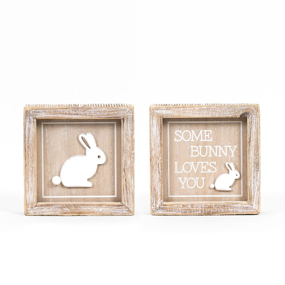 Reversible Wood Framed Sign (BUNNY/LOVES) Natural, White +  Badams   