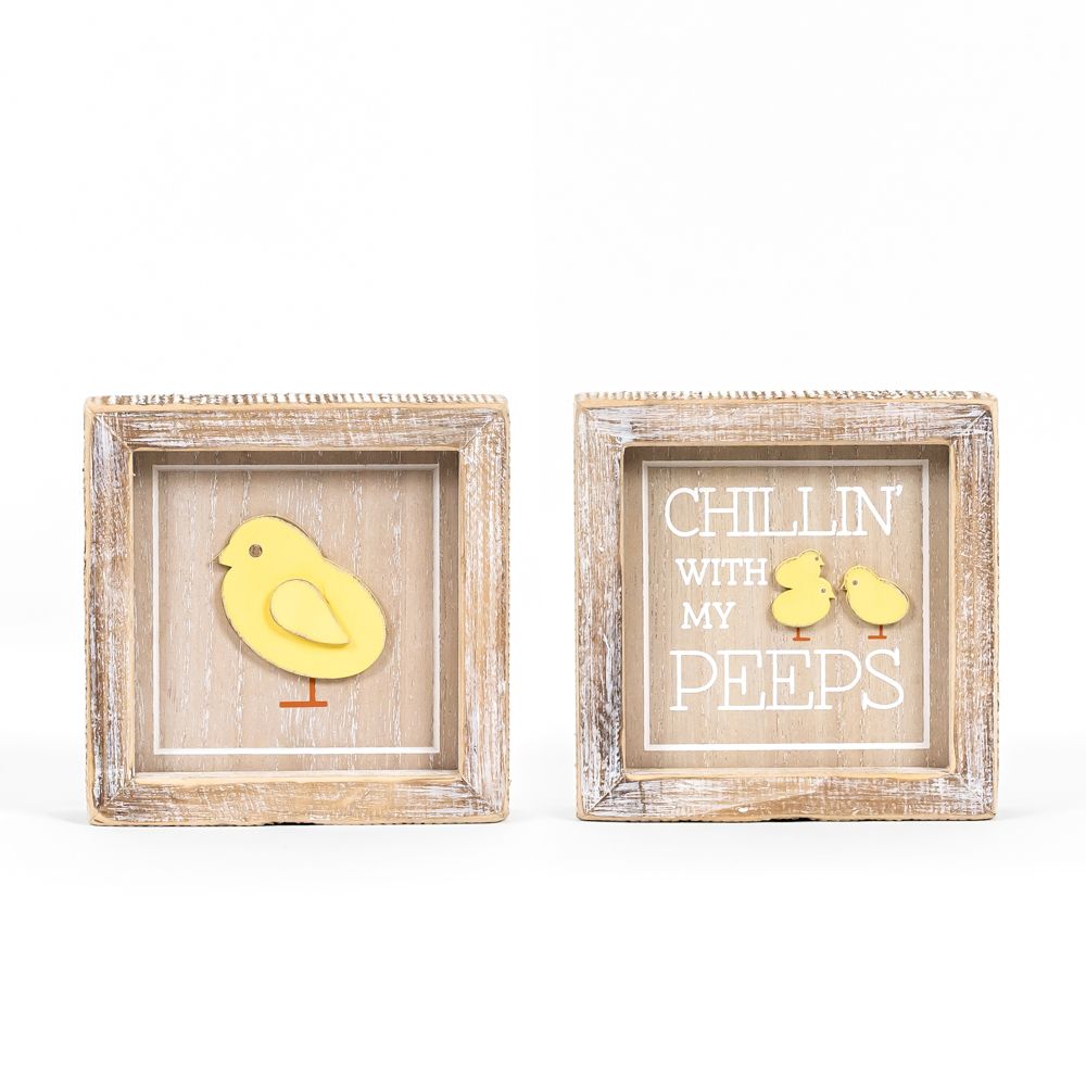 Reversible Wood Framed Sign (CHICK/PEEPS) Natural, White, Yellow +  Badams   