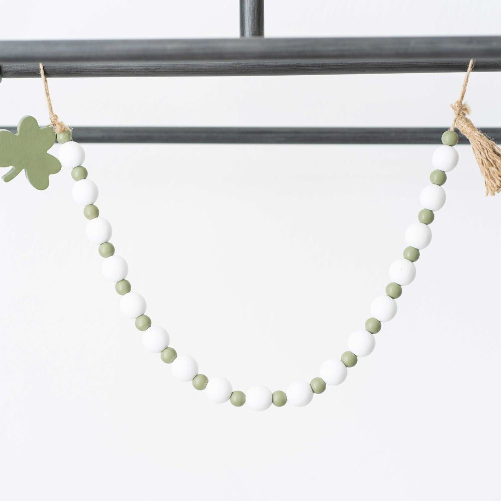 Wood Bead Garland (Shamrock Charm) White/Green Adams Valentines Adams & Co.   