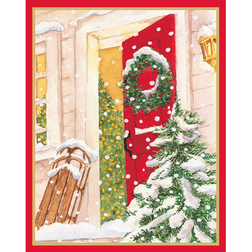 Open Door With Snow And Sled - Boxed Holiday Cards  Caspari   