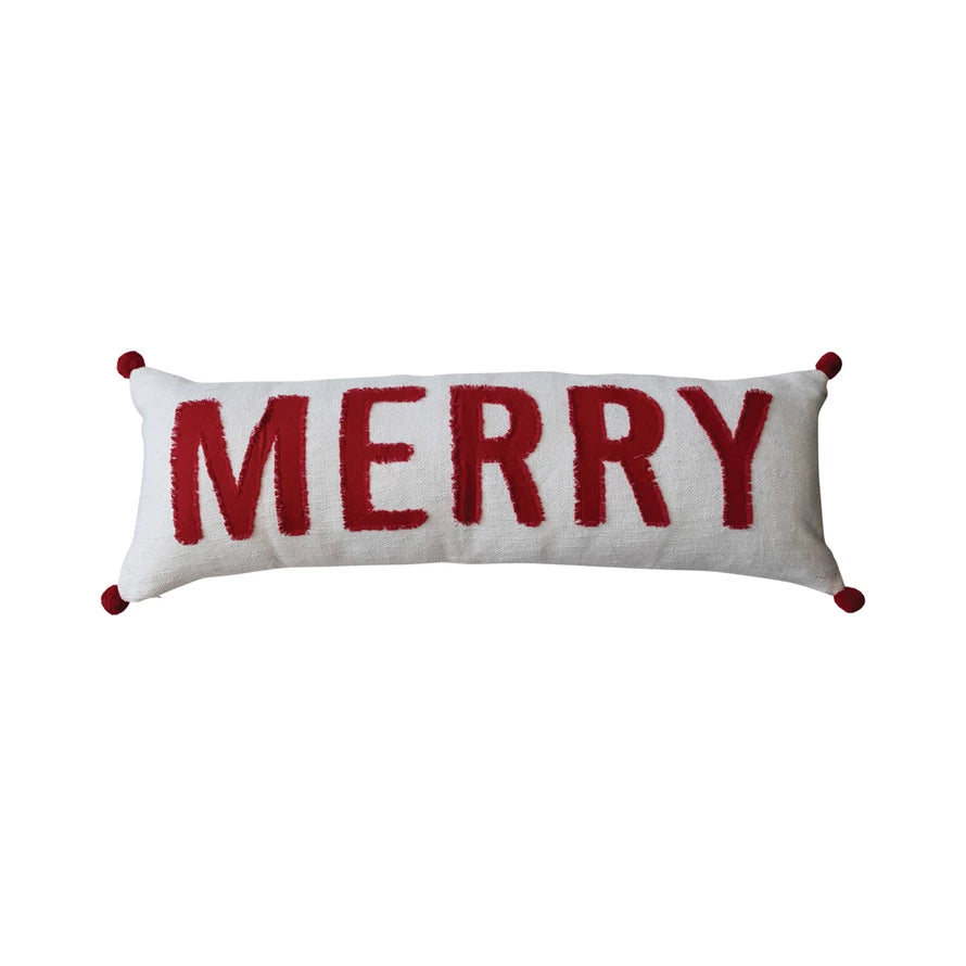 Lumbar Pillow w/ Appliqued "Merry" & Pom Poms  Creative Co-Op   