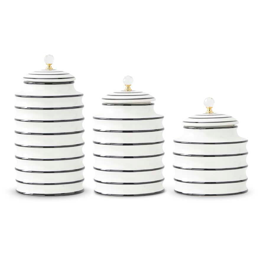 Black & White Ribbed Canisters w/Crystal Knob  K&K   