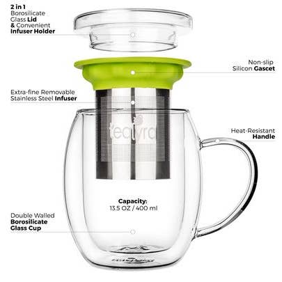 Venus Double Wall Glass Cup With Infuser, 13.5oz  TEALYRA   