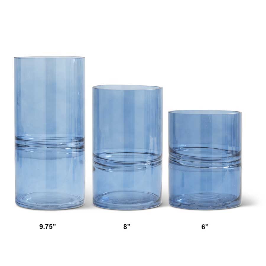 Blue Glass Cylinder Vases w/Inlayed Strips  K&K   