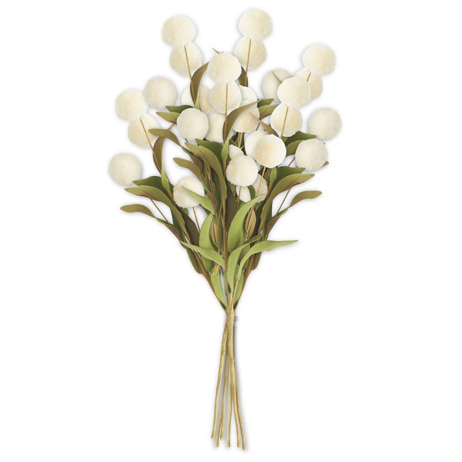 White Pompom Pick w/ Green Leaves Artificial Flora K&K   