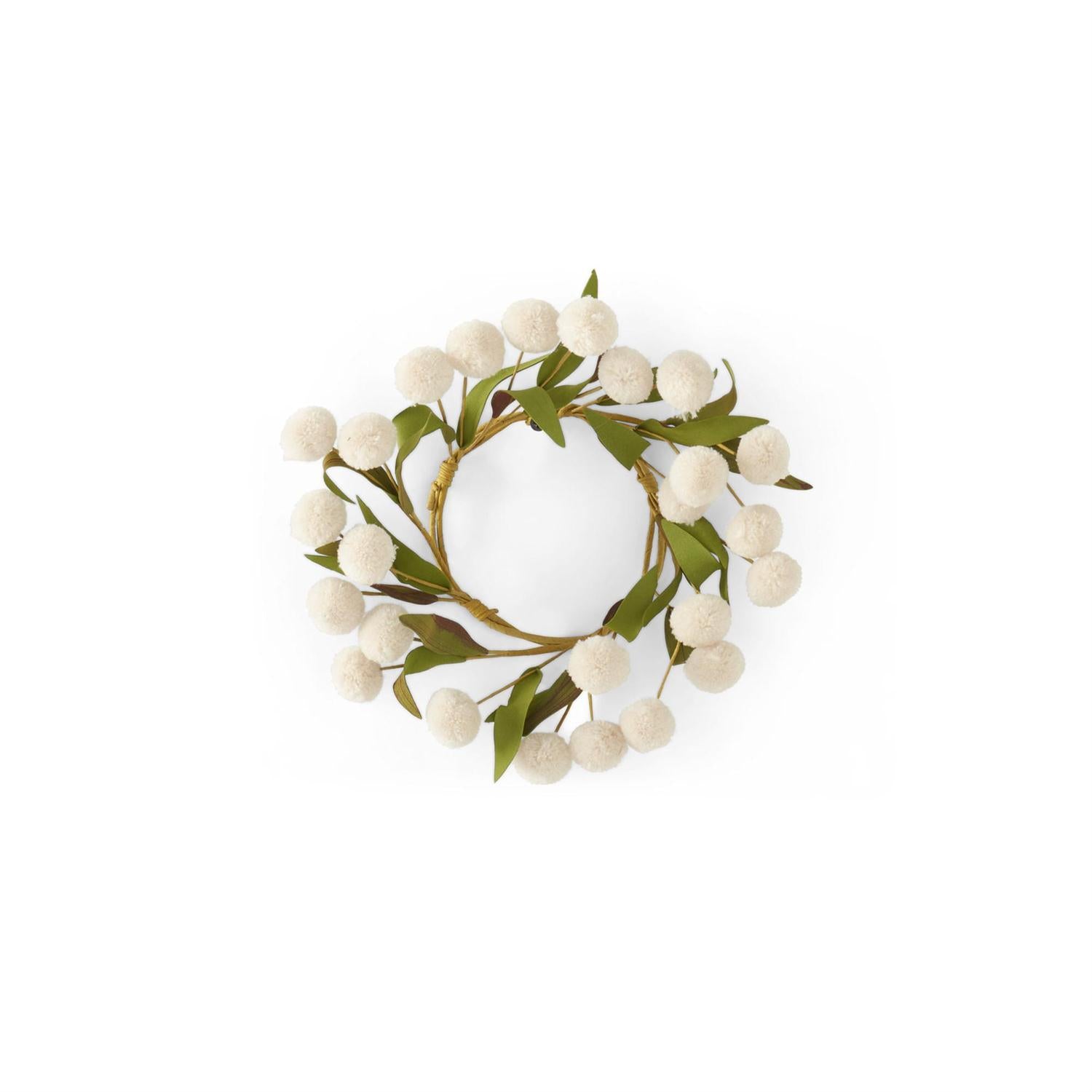 Pompom Candle Ring w/Green Eva Leaves 8.5"  K&K Cream  