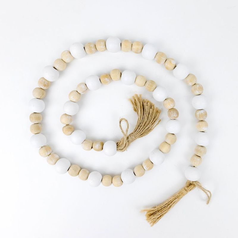 Bamboo Wood Bead Garland With Tassels, Natural/White Adams Everyday Adams & Co.   