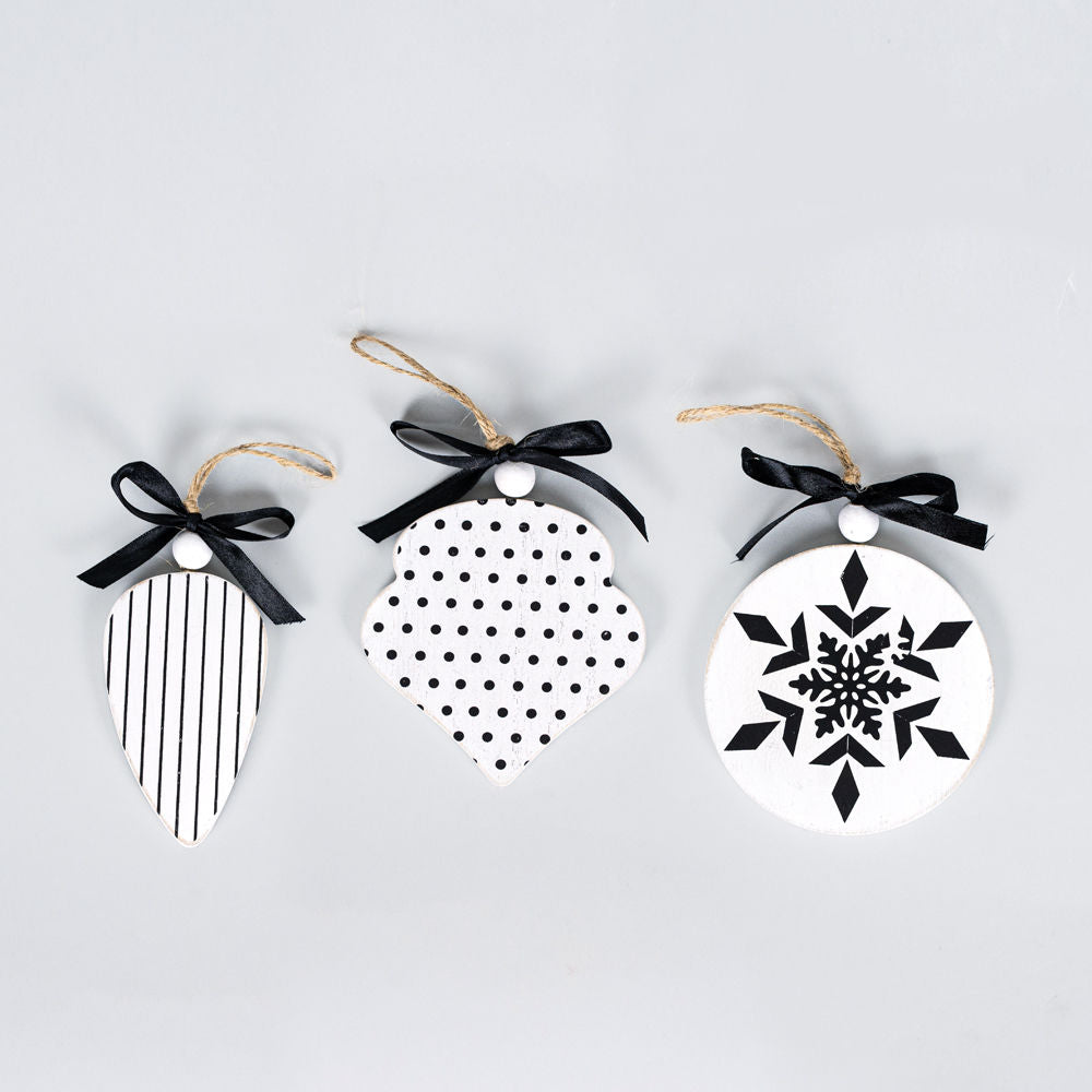 Wood Ornament Set Of Three, White/Black Adams Christmas Adams & Co.   