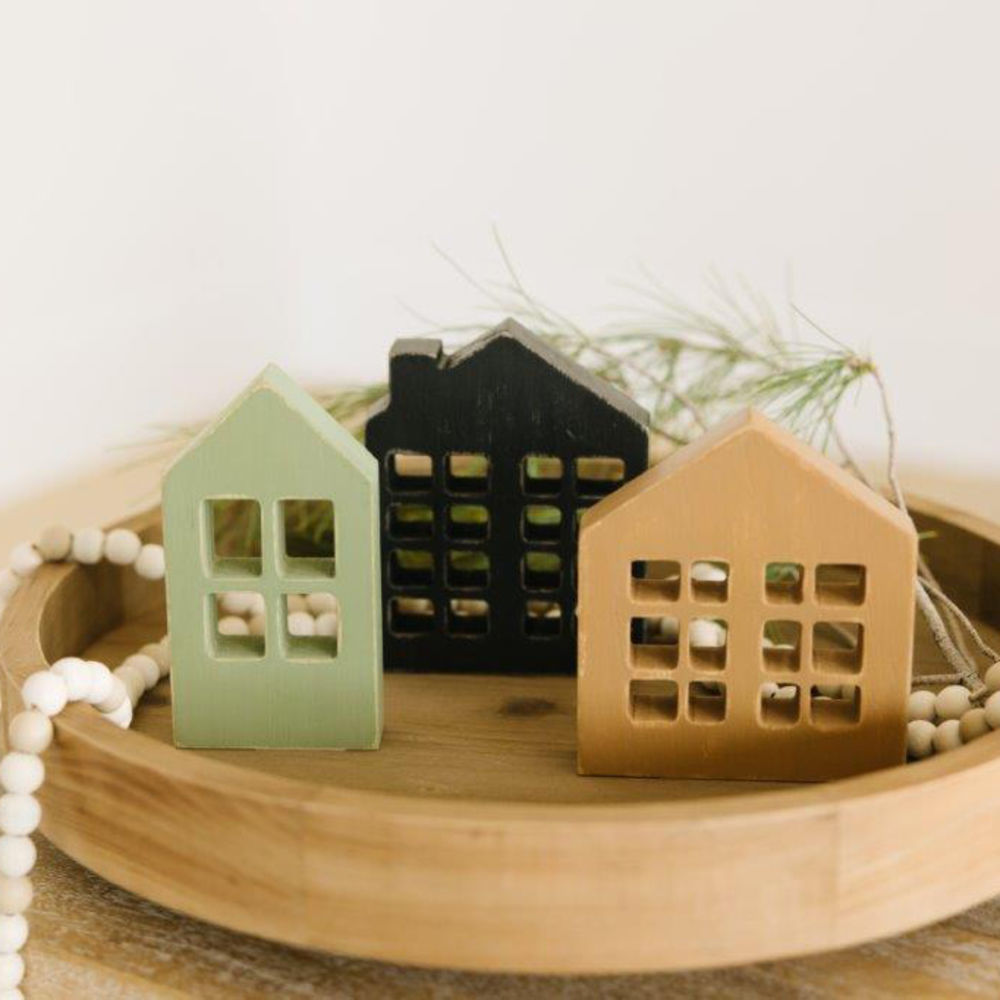 Wood Cutout Shapes S/3 Houses Gn/Bn/Bk Adams Christmas Adams & Co.   