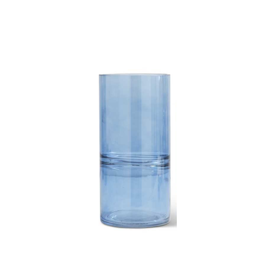 Blue Glass Cylinder Vases w/Inlayed Strips  K&K 9.75"  