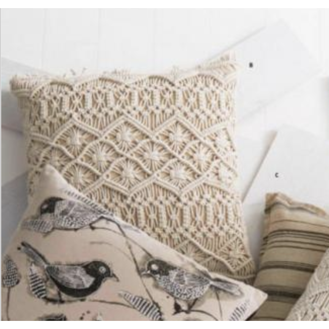 Cream Square Macrame Pillow w/Fringe Throw Pillows K&K   